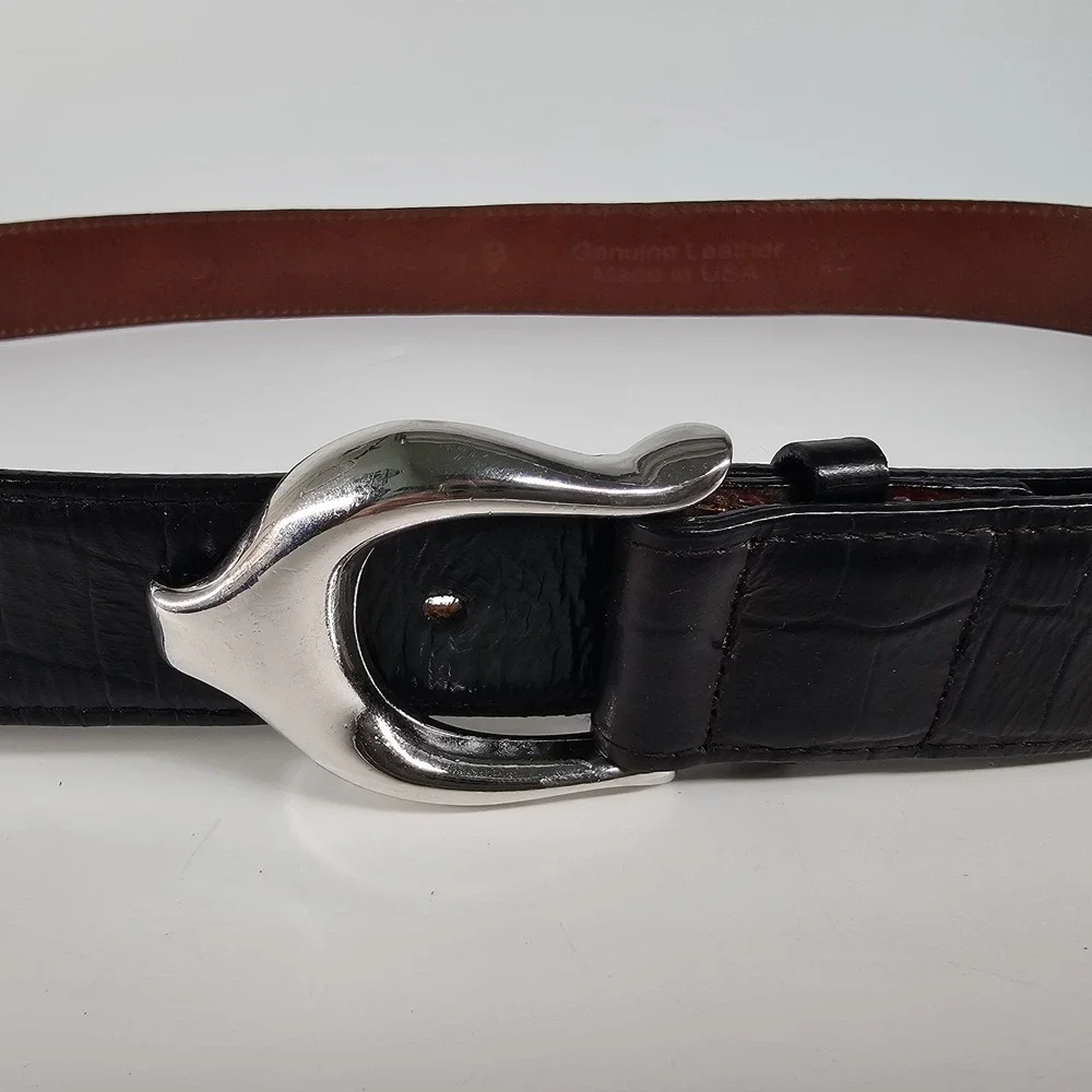 Brian Toohey Leather Belt 42 Black & Silver Hardware Croc Embossed Made In USA